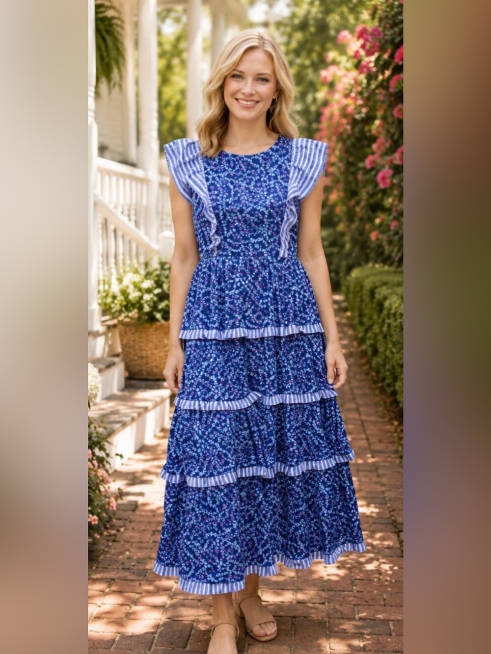 Simply Southern NWT Blue Floral Ribbon π Tiered Ruffle Dress L B 38β - Picture 1 of 4